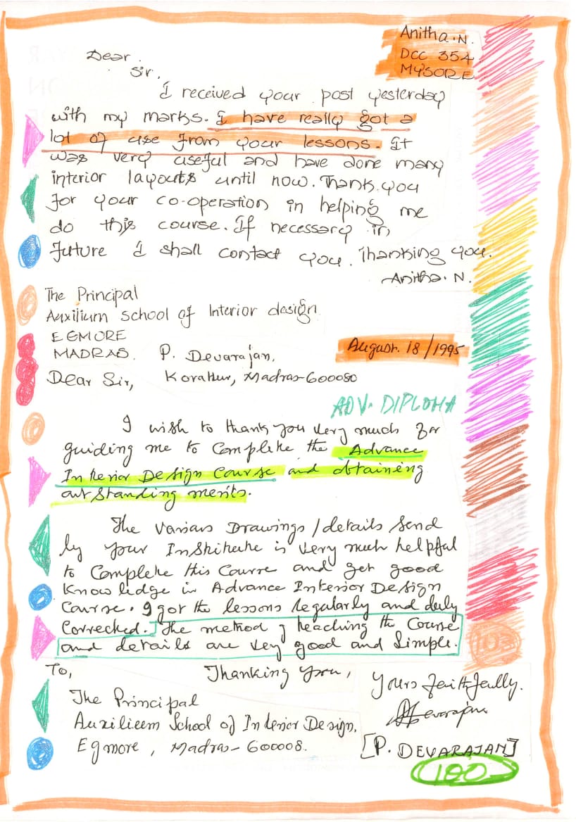 I wish to thank you very much for guiding me to complete the Advance Diploma in interior Design Course and obtaining outstanding merits.