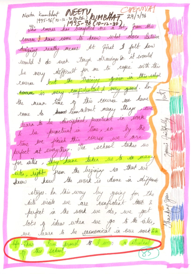 29.03.1996
NEETU KUMBHAT 
1995 - 96 batch 
10 am to 12.30pm batch 
Madras, Chennai India 

ONE OF THE BEST STUDENTS OF THE REGULAR ONE YEAR COURSE THAT WAS CONDUCTED FOR 8 YEARS FROM 1989 AT CHENNAI & 2 YEARS AT COIMBATORE 

Dear Sir 

This course ha