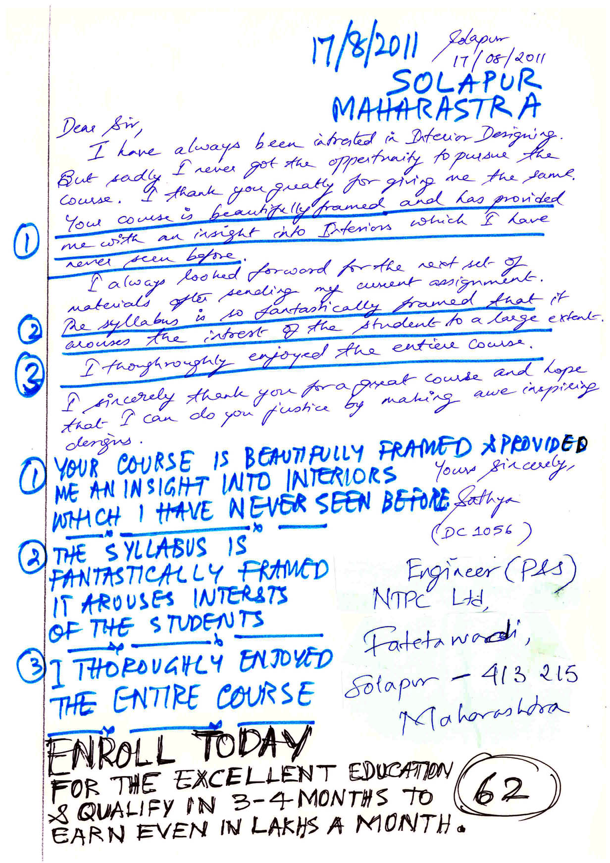 Testimonials Interior Design Course, Shivpuri, Madhya Pradesh