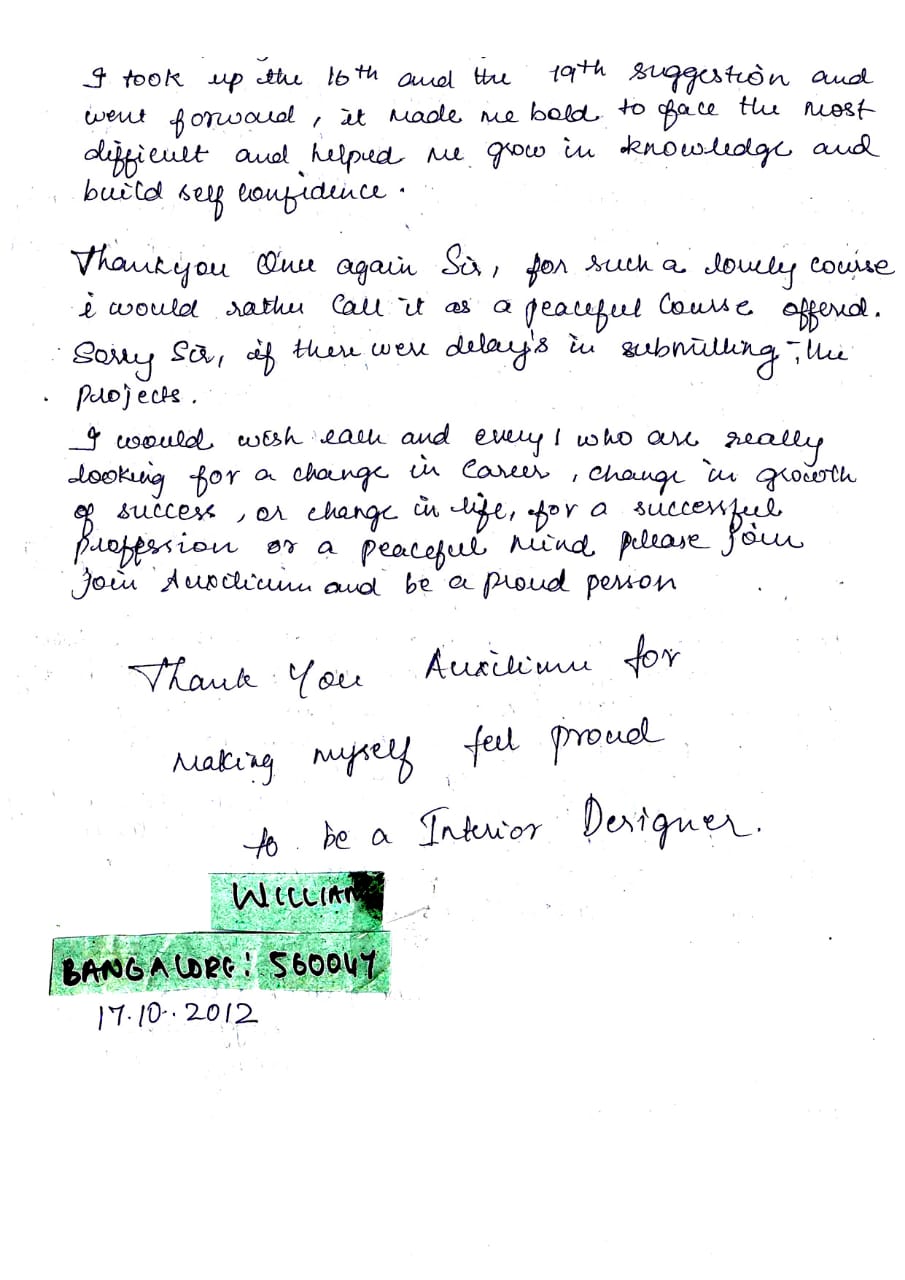 Testimonials Interior Design Course, Erode, Tamil Nadu