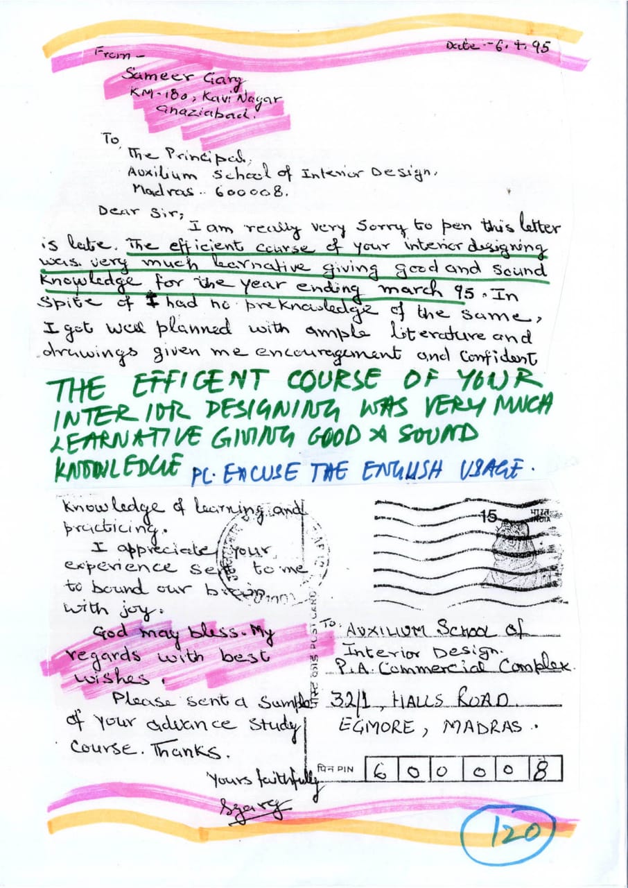 The efficient course of your interior designing was very much learnative giving good and Sound knowledge for the year ending march 95. 